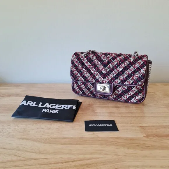 Karl Lagerfeld Agyness Tweed Crossbody Flap NWOT Convertible Wine Navy Luxury - Picture 11 of 16